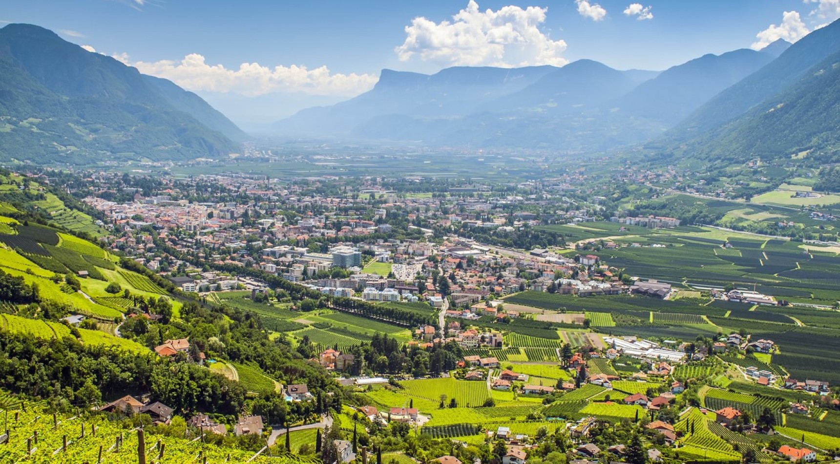 Sommer in Meran - herrliche Aussicht auf Meran Sommer in Meran: Genießen Sie die herrliche Aussicht auf die malerische Stadt Meran und die umliegenden Berge